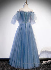 Charming Light Blue Tulle Puffy Sleeves Floor Length Party Dress A-Line Pricess Gowns Semi Formal Prom Dress Sparkly